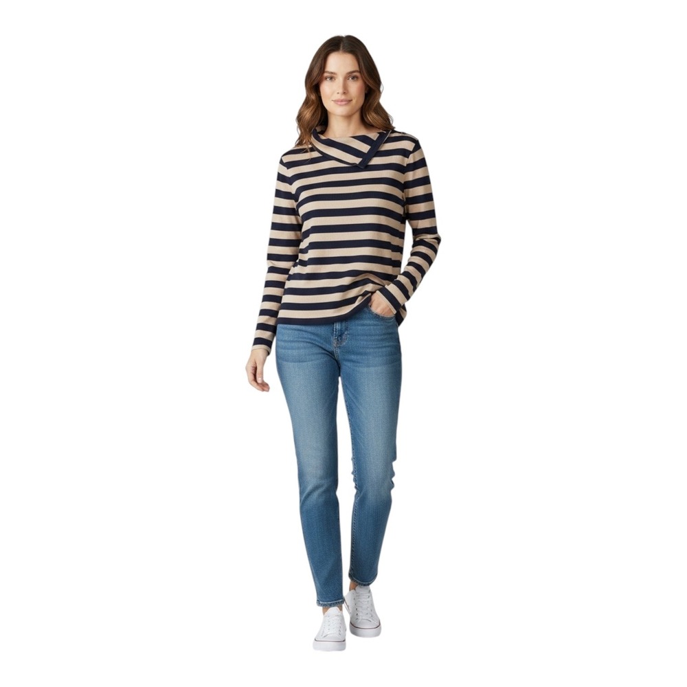 Nautica Jeans Women Navy Tan Striped Asymmetrical Button Neck Ribbed Top